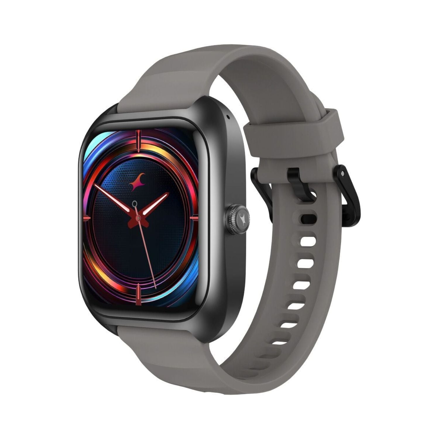 Warm grey smartwatch with square display and silicone strap, analog watch-face with colorful ring